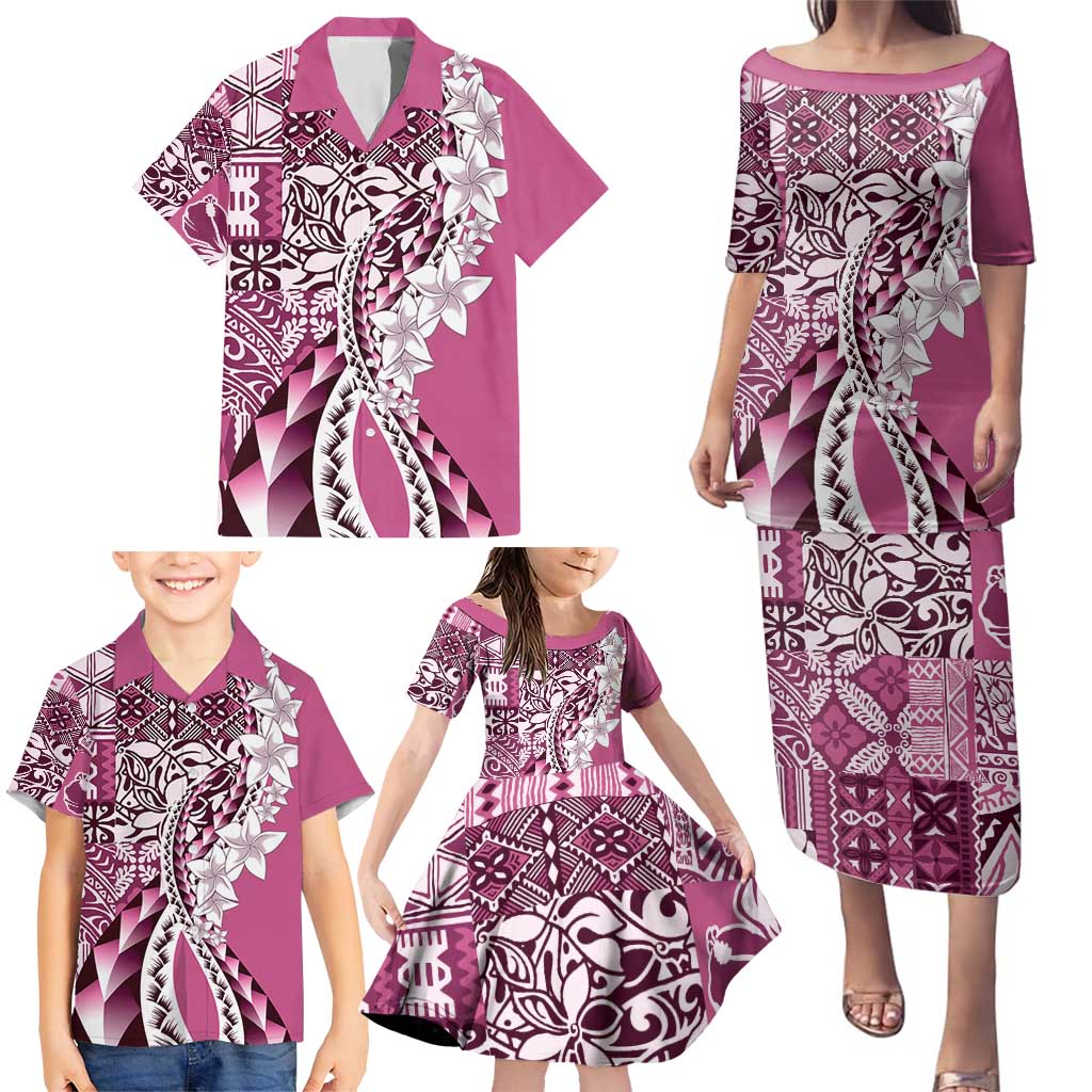 Aloha Vintage Plumeria Hawaiian Tapa Pattern Family Matching Puletasi and Hawaiian Shirt Pink Hawaiian Tapa Pattern LT9 - Polynesian Pride