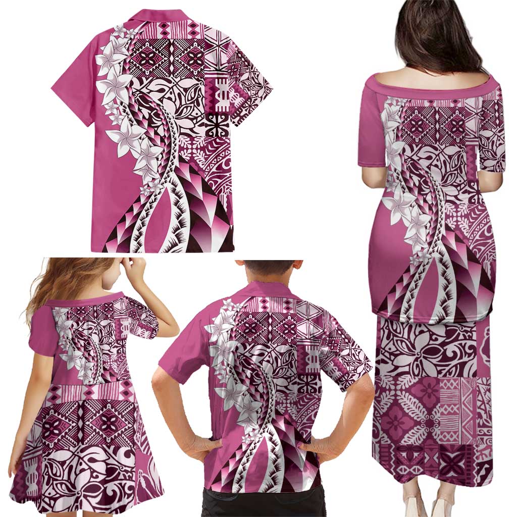 Aloha Vintage Plumeria Hawaiian Tapa Pattern Family Matching Puletasi and Hawaiian Shirt Pink Hawaiian Tapa Pattern LT9 - Polynesian Pride