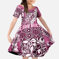 Aloha Vintage Plumeria Hawaiian Tapa Pattern Family Matching Short Sleeve Bodycon Dress and Hawaiian Shirt Pink Hawaiian Tapa Pattern LT9 Daughter's Dress Pink - Polynesian Pride