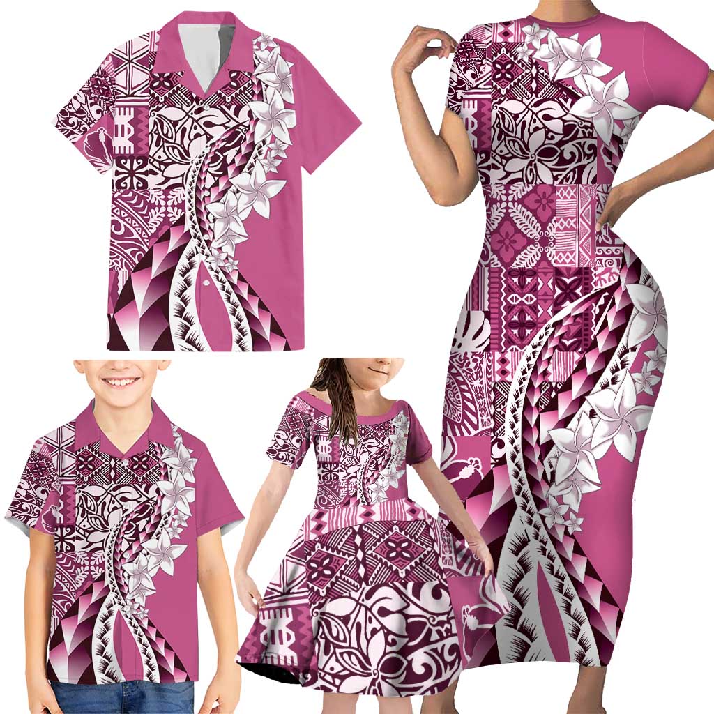 Aloha Vintage Plumeria Hawaiian Tapa Pattern Family Matching Short Sleeve Bodycon Dress and Hawaiian Shirt Pink Hawaiian Tapa Pattern LT9 - Polynesian Pride
