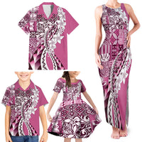 Aloha Vintage Plumeria Hawaiian Tapa Pattern Family Matching Tank Maxi Dress and Hawaiian Shirt Pink Hawaiian Tapa Pattern LT9 - Polynesian Pride