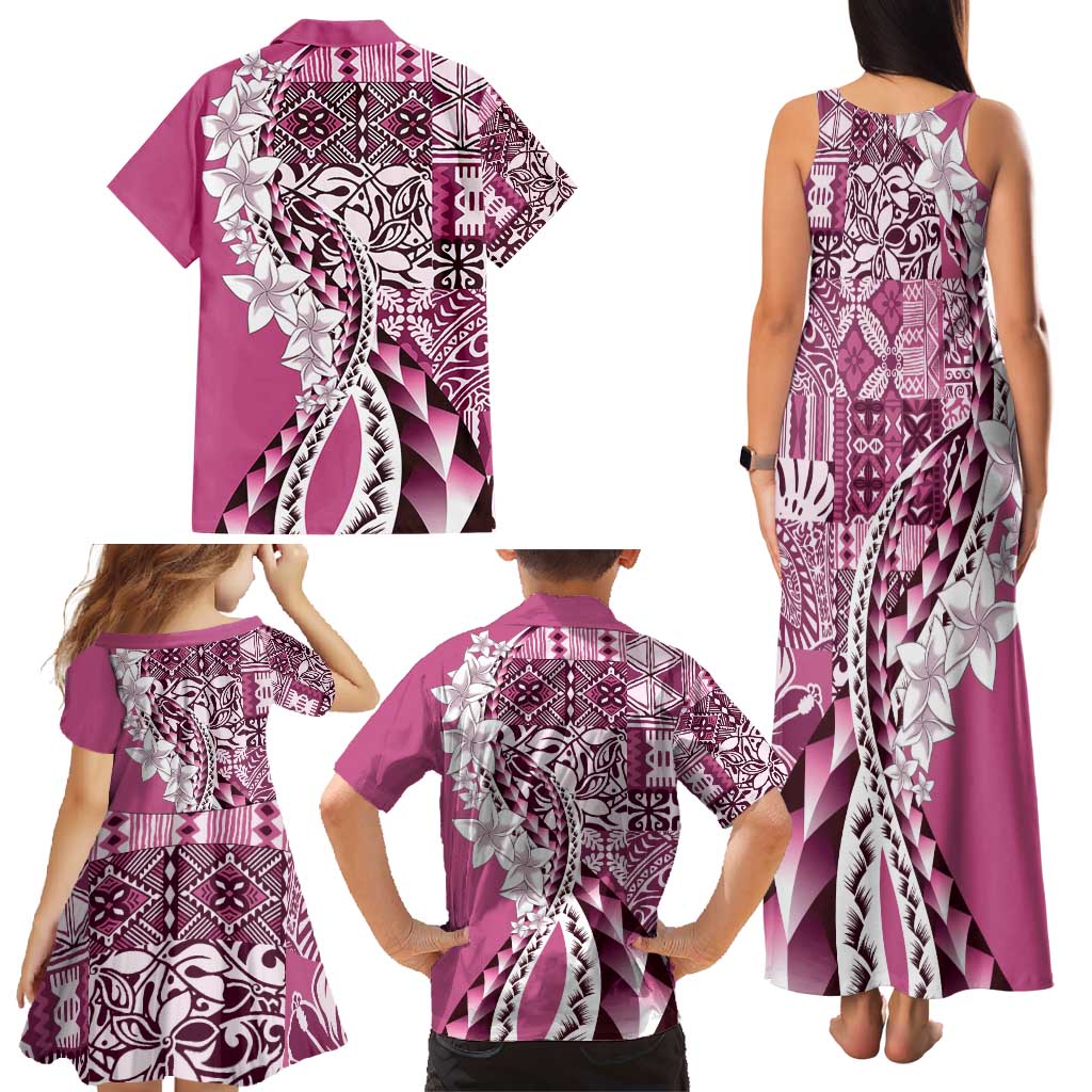 Aloha Vintage Plumeria Hawaiian Tapa Pattern Family Matching Tank Maxi Dress and Hawaiian Shirt Pink Hawaiian Tapa Pattern LT9 - Polynesian Pride