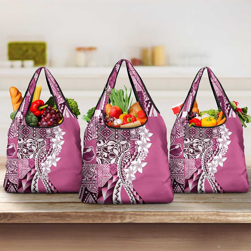 Aloha Vintage Plumeria Hawaiian Tapa Pattern Grocery Bag Pink Hawaiian Tapa Pattern - Polynesian Pride