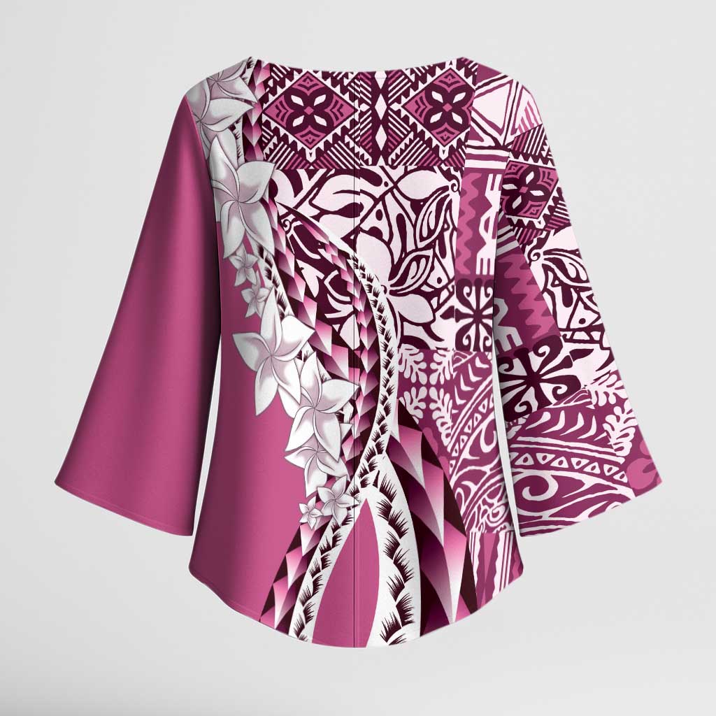 Aloha Vintage Plumeria Hawaiian Tapa Pattern Kimono Sleeve Blouse Pink Hawaiian Tapa Pattern - Polynesian Pride