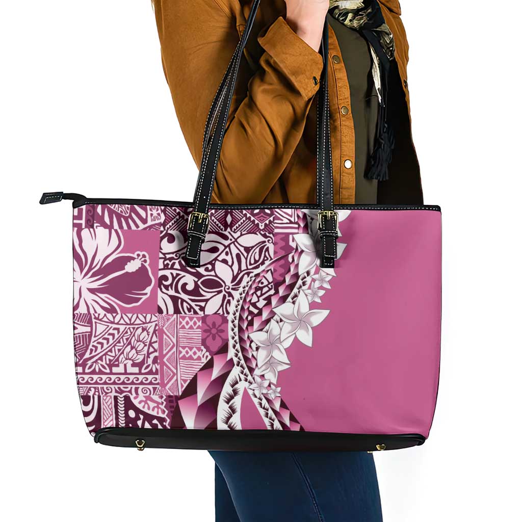Aloha Vintage Plumeria Hawaiian Tapa Pattern Leather Tote Bag Pink Hawaiian Tapa Pattern - Polynesian Pride