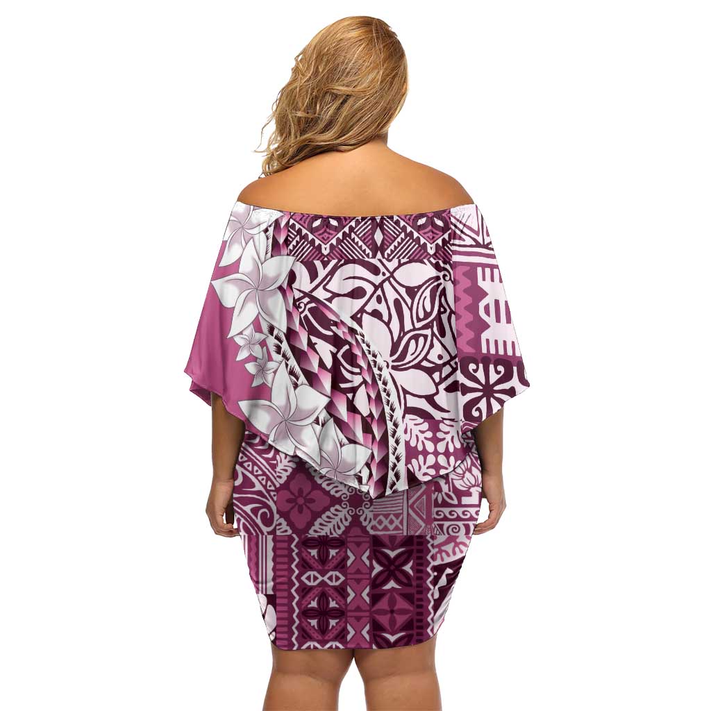Aloha Vintage Plumeria Hawaiian Tapa Pattern Off Shoulder Short Dress Pink Hawaiian Tapa Pattern - Polynesian Pride