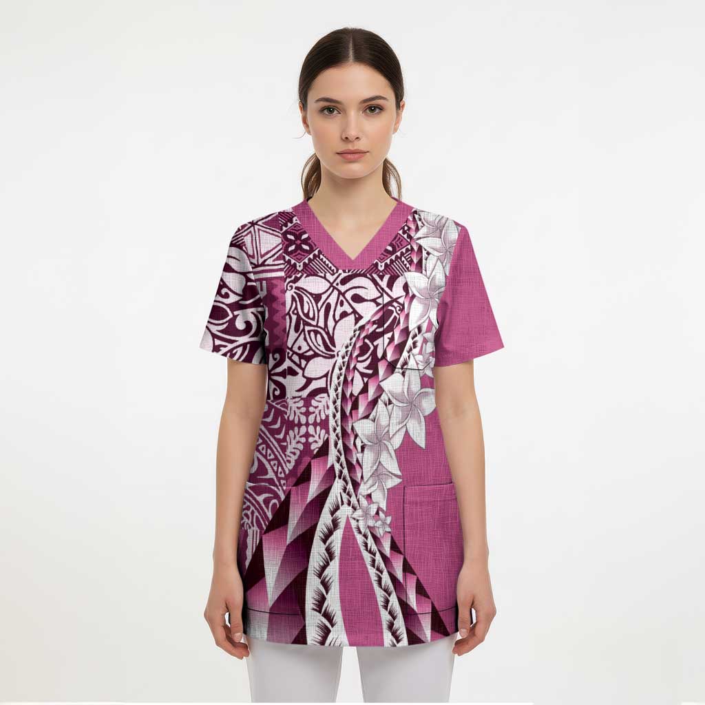 Aloha Vintage Plumeria Hawaiian Tapa Pattern Scrub Top Pink Hawaiian Tapa Pattern - Polynesian Pride