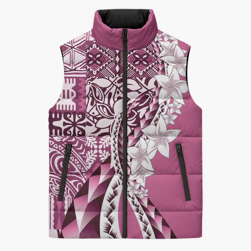 Aloha Vintage Plumeria Hawaiian Tapa Pattern Sleeveless Puffer Jacket Pink Hawaiian Tapa Pattern - Polynesian Pride