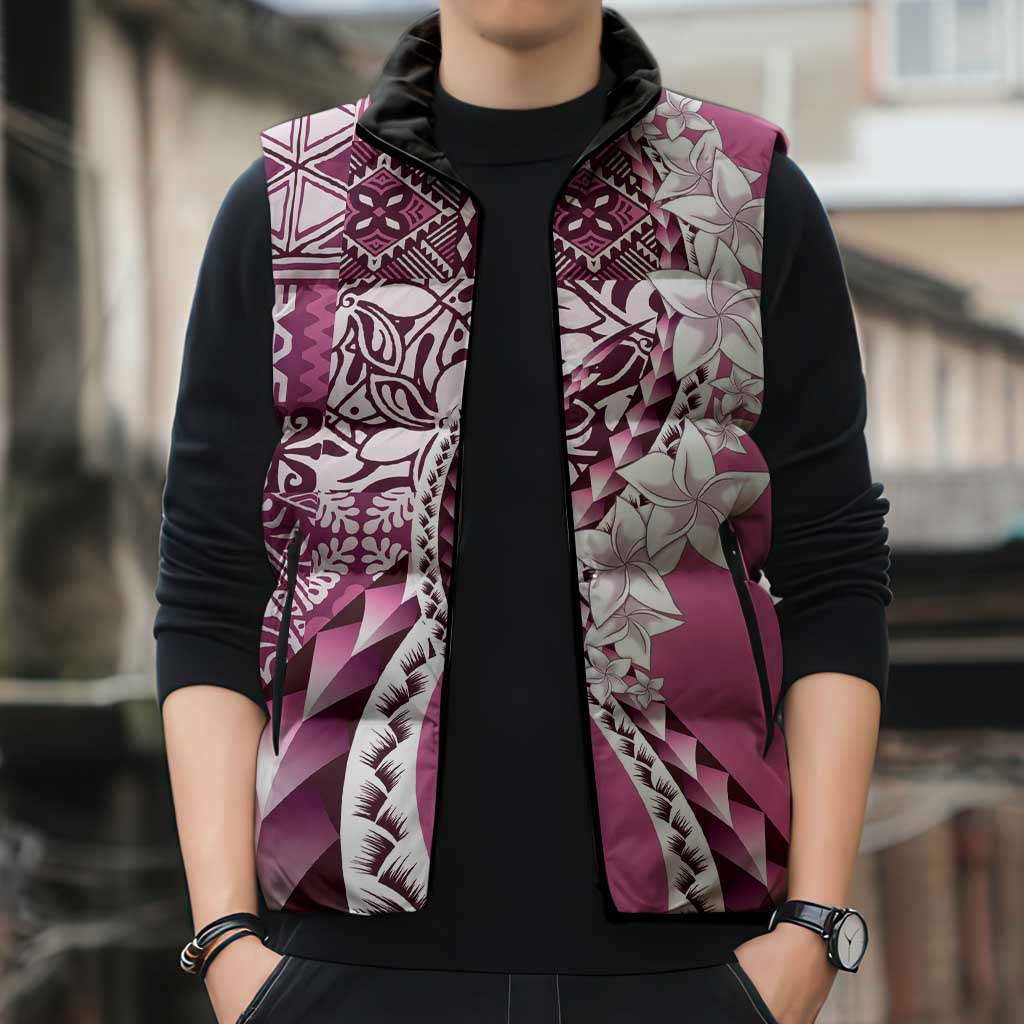 Aloha Vintage Plumeria Hawaiian Tapa Pattern Sleeveless Puffer Jacket Pink Hawaiian Tapa Pattern - Polynesian Pride