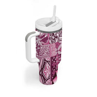 Aloha Vintage Plumeria Hawaiian Tapa Pattern Tumbler With Handle Pink Hawaiian Tapa Pattern - Polynesian Pride