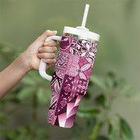 Aloha Vintage Plumeria Hawaiian Tapa Pattern Tumbler With Handle Pink Hawaiian Tapa Pattern - Polynesian Pride