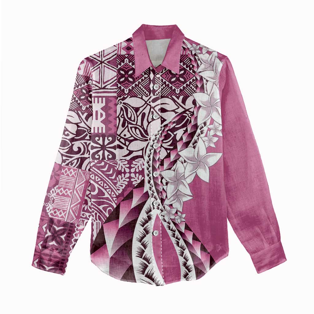 Aloha Vintage Plumeria Hawaiian Tapa Pattern Women Casual Shirt Pink Hawaiian Tapa Pattern - Polynesian Pride