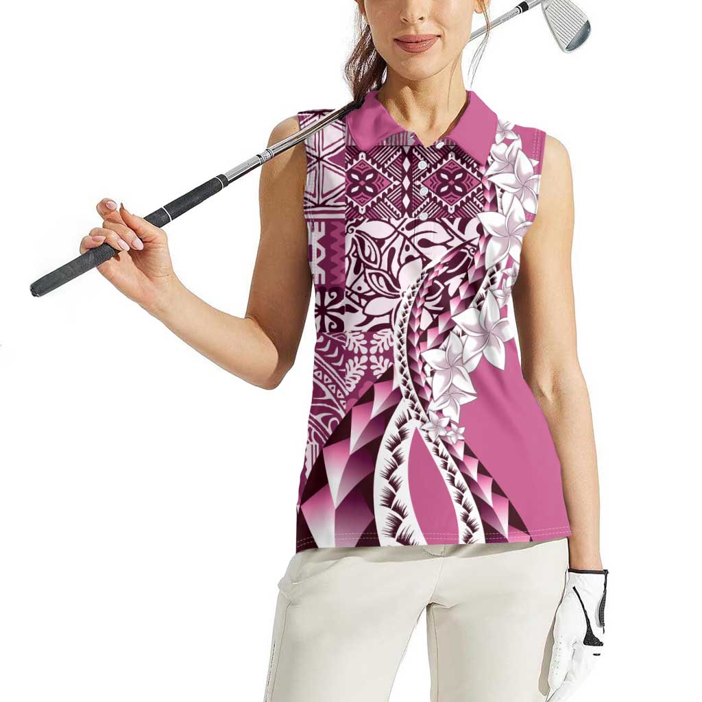 Aloha Vintage Plumeria Hawaiian Tapa Pattern Women Sleeveless Polo Shirt Pink Hawaiian Tapa Pattern - Polynesian Pride