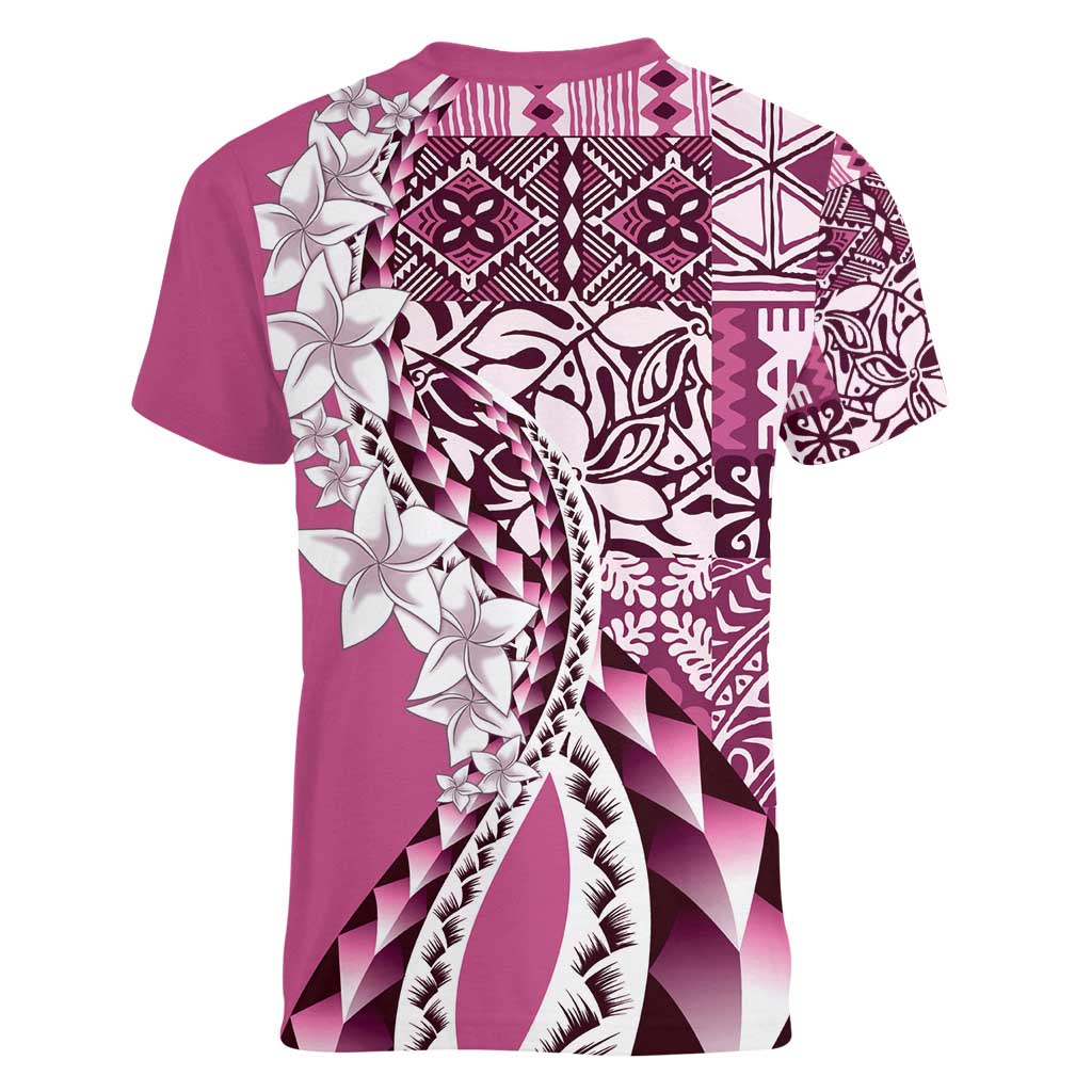 Aloha Vintage Plumeria Hawaiian Tapa Pattern Women V-Neck T-Shirt Pink Hawaiian Tapa Pattern - Polynesian Pride