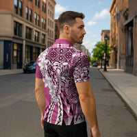 Aloha Vintage Plumeria Hawaiian Tapa Pattern Zipper Polo Shirt Pink Hawaiian Tapa Pattern - Polynesian Pride