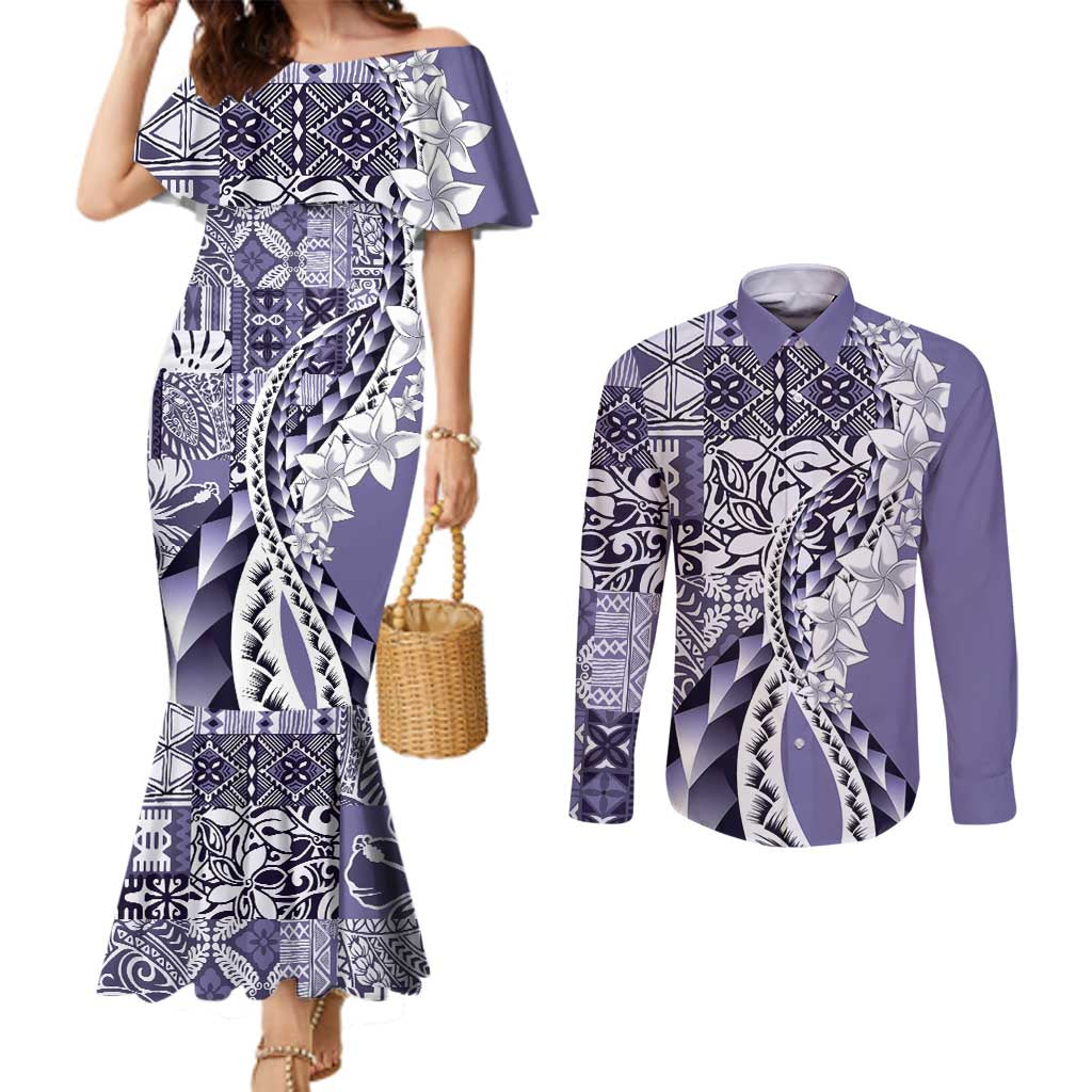 Aloha Vintage Plumeria Hawaiian Tapa Pattern Couples Matching Mermaid Dress and Long Sleeve Button Shirt Purple Hawaiian Tapa Pattern - Polynesian Pride