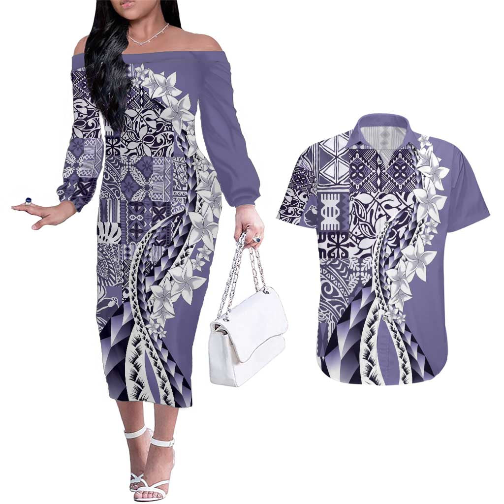 Aloha Vintage Plumeria Hawaiian Tapa Pattern Couples Matching Off The Shoulder Long Sleeve Dress and Hawaiian Shirt Purple Hawaiian Tapa Pattern LT9 Purple - Polynesian Pride