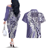 Aloha Vintage Plumeria Hawaiian Tapa Pattern Couples Matching Off The Shoulder Long Sleeve Dress and Hawaiian Shirt Purple Hawaiian Tapa Pattern LT9 - Polynesian Pride