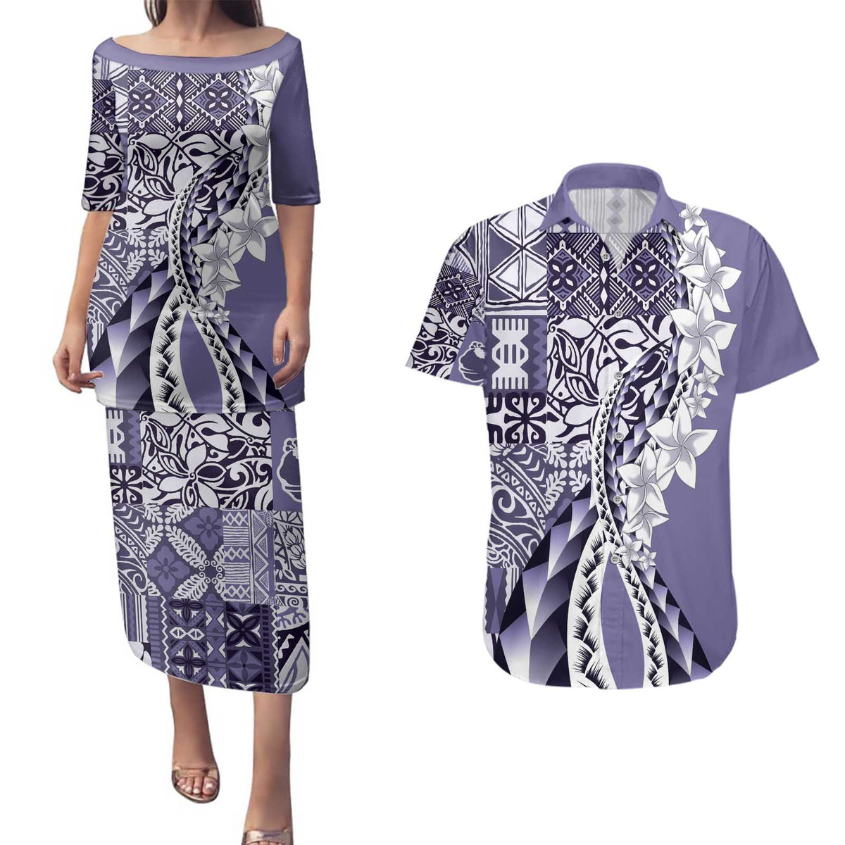 Aloha Vintage Plumeria Hawaiian Tapa Pattern Couples Matching Puletasi and Hawaiian Shirt Purple Hawaiian Tapa Pattern - Polynesian Pride
