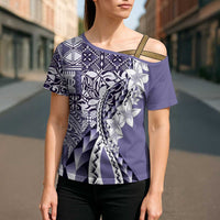 Aloha Vintage Plumeria Hawaiian Tapa Pattern Cross Shoulder Shirt Purple Hawaiian Tapa Pattern - Polynesian Pride
