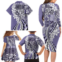 Aloha Vintage Plumeria Hawaiian Tapa Pattern Family Matching Long Sleeve Bodycon Dress and Hawaiian Shirt Purple Hawaiian Tapa Pattern LT9 - Polynesian Pride