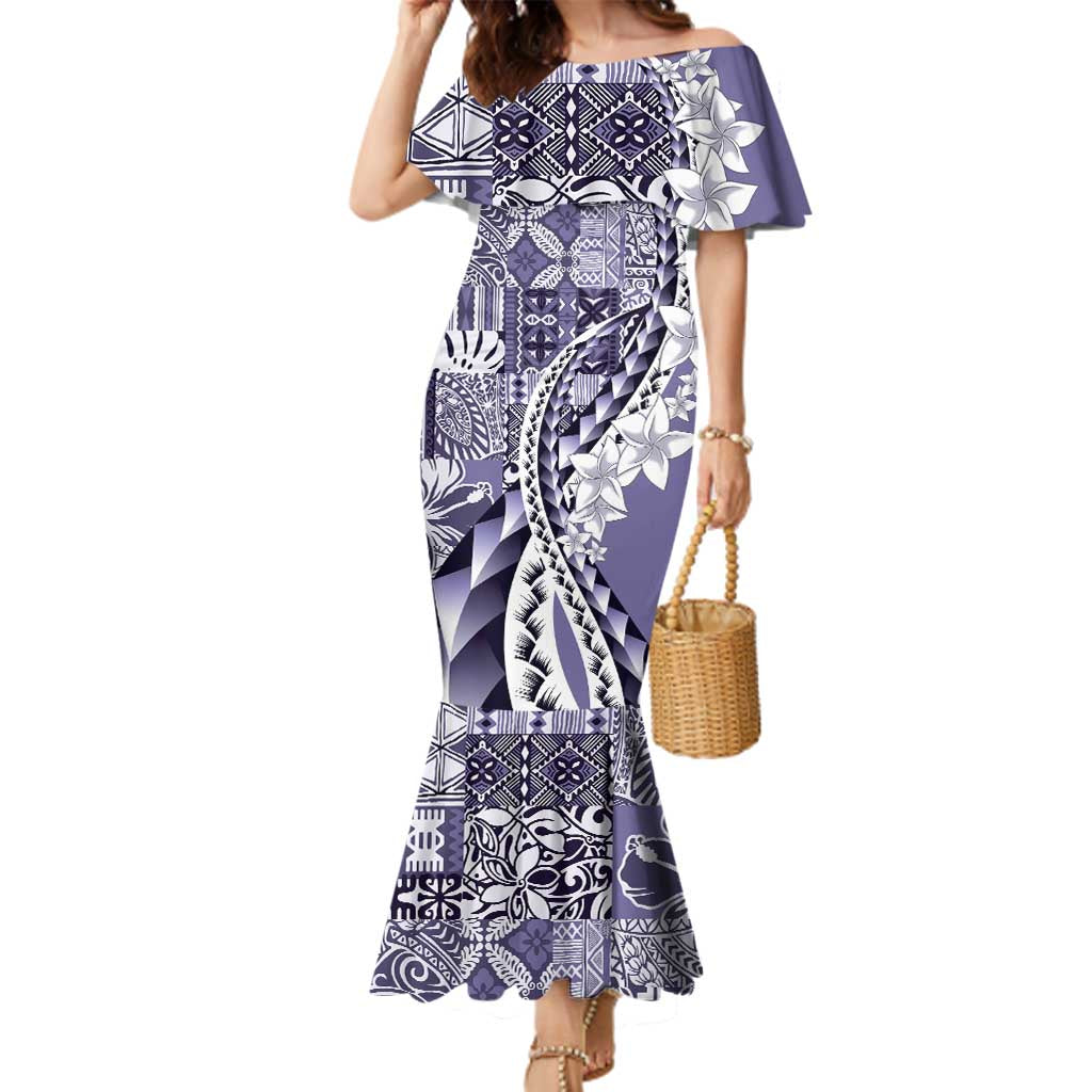 Aloha Vintage Plumeria Hawaiian Tapa Pattern Family Matching Mermaid Dress and Hawaiian Shirt Purple Hawaiian Tapa Pattern LT9 Mom's Dress Purple - Polynesian Pride