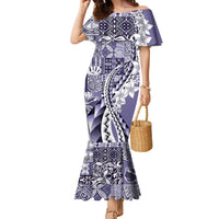 Aloha Vintage Plumeria Hawaiian Tapa Pattern Family Matching Mermaid Dress and Hawaiian Shirt Purple Hawaiian Tapa Pattern LT9 Mom's Dress Purple - Polynesian Pride