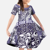 Aloha Vintage Plumeria Hawaiian Tapa Pattern Family Matching Off The Shoulder Long Sleeve Dress and Hawaiian Shirt Purple Hawaiian Tapa Pattern LT9 Daughter's Dress Purple - Polynesian Pride