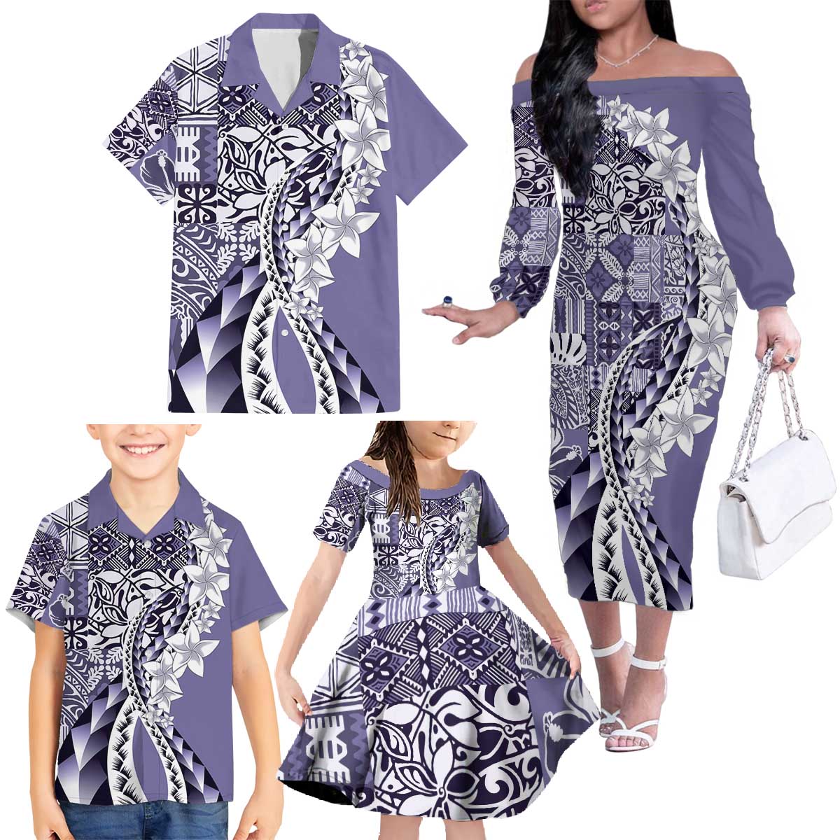 Aloha Vintage Plumeria Hawaiian Tapa Pattern Family Matching Off The Shoulder Long Sleeve Dress and Hawaiian Shirt Purple Hawaiian Tapa Pattern LT9 - Polynesian Pride
