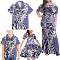 Aloha Vintage Plumeria Hawaiian Tapa Pattern Family Matching Off Shoulder Maxi Dress and Hawaiian Shirt Purple Hawaiian Tapa Pattern LT9 - Polynesian Pride