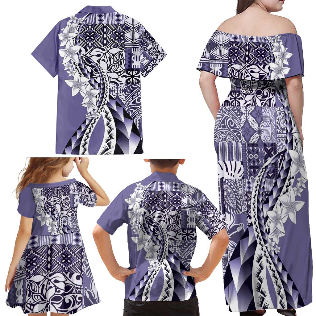 Aloha Vintage Plumeria Hawaiian Tapa Pattern Family Matching Off Shoulder Maxi Dress and Hawaiian Shirt Purple Hawaiian Tapa Pattern LT9 - Polynesian Pride