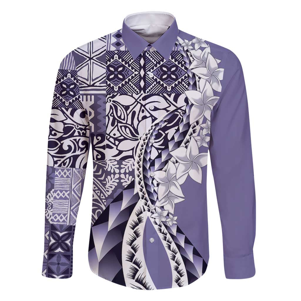 Aloha Vintage Plumeria Hawaiian Tapa Pattern Family Matching Off Shoulder Maxi Dress and Hawaiian Shirt Purple Hawaiian Tapa Pattern LT9 Dad's Shirt - Long Sleeve Purple - Polynesian Pride