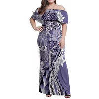 Aloha Vintage Plumeria Hawaiian Tapa Pattern Family Matching Off Shoulder Maxi Dress and Hawaiian Shirt Purple Hawaiian Tapa Pattern LT9 Mom's Dress Purple - Polynesian Pride