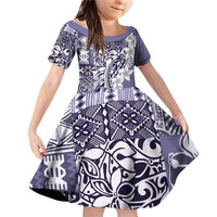Aloha Vintage Plumeria Hawaiian Tapa Pattern Family Matching Off Shoulder Short Dress and Hawaiian Shirt Purple Hawaiian Tapa Pattern LT9 Daughter's Dress Purple - Polynesian Pride