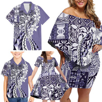 Aloha Vintage Plumeria Hawaiian Tapa Pattern Family Matching Off Shoulder Short Dress and Hawaiian Shirt Purple Hawaiian Tapa Pattern LT9 - Polynesian Pride