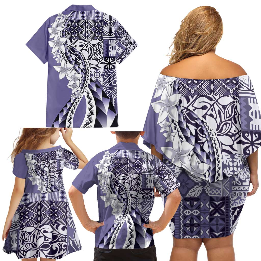 Aloha Vintage Plumeria Hawaiian Tapa Pattern Family Matching Off Shoulder Short Dress and Hawaiian Shirt Purple Hawaiian Tapa Pattern LT9 - Polynesian Pride