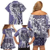 Aloha Vintage Plumeria Hawaiian Tapa Pattern Family Matching Off Shoulder Short Dress and Hawaiian Shirt Purple Hawaiian Tapa Pattern LT9 - Polynesian Pride