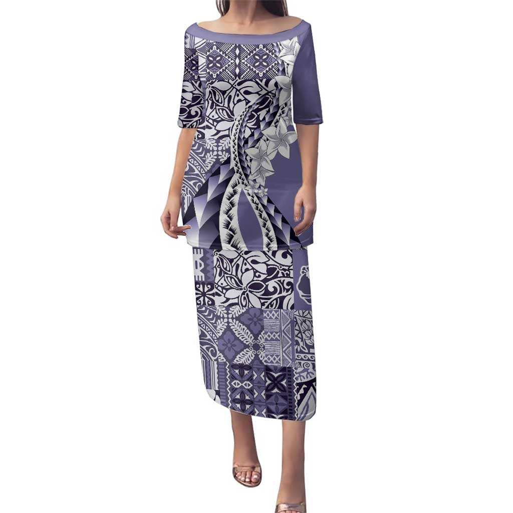 Aloha Vintage Plumeria Hawaiian Tapa Pattern Family Matching Puletasi and Hawaiian Shirt Purple Hawaiian Tapa Pattern LT9 Mom's Dress Purple - Polynesian Pride
