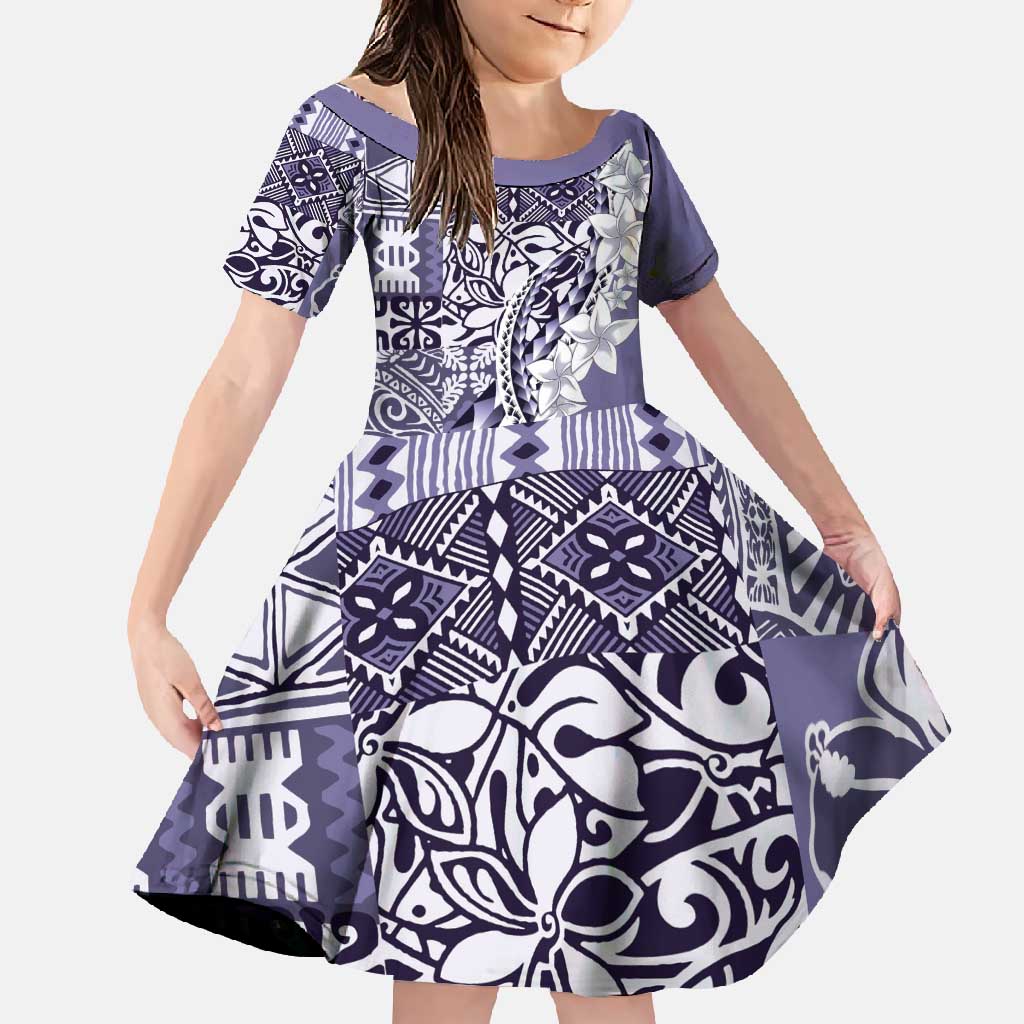 Aloha Vintage Plumeria Hawaiian Tapa Pattern Family Matching Short Sleeve Bodycon Dress and Hawaiian Shirt Purple Hawaiian Tapa Pattern LT9 Daughter's Dress Purple - Polynesian Pride