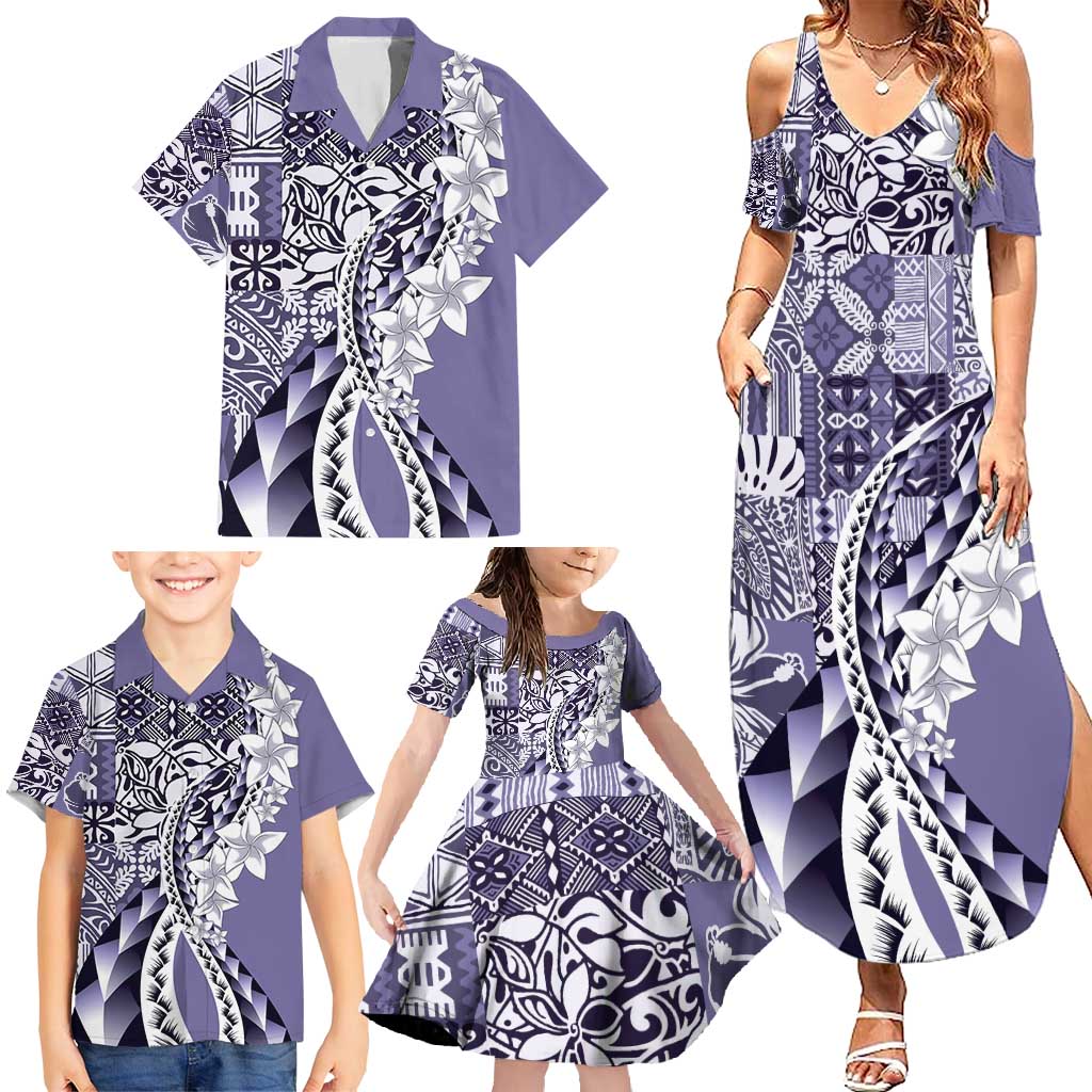 Aloha Vintage Plumeria Hawaiian Tapa Pattern Family Matching Summer Maxi Dress and Hawaiian Shirt Purple Hawaiian Tapa Pattern LT9 - Polynesian Pride