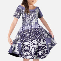 Aloha Vintage Plumeria Hawaiian Tapa Pattern Family Matching Tank Maxi Dress and Hawaiian Shirt Purple Hawaiian Tapa Pattern LT9 Daughter's Dress Purple - Polynesian Pride