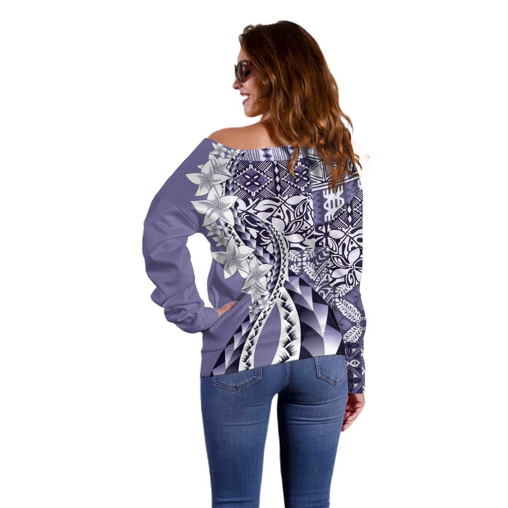 Aloha Vintage Plumeria Hawaiian Tapa Pattern Off Shoulder Sweater Purple Hawaiian Tapa Pattern - Polynesian Pride