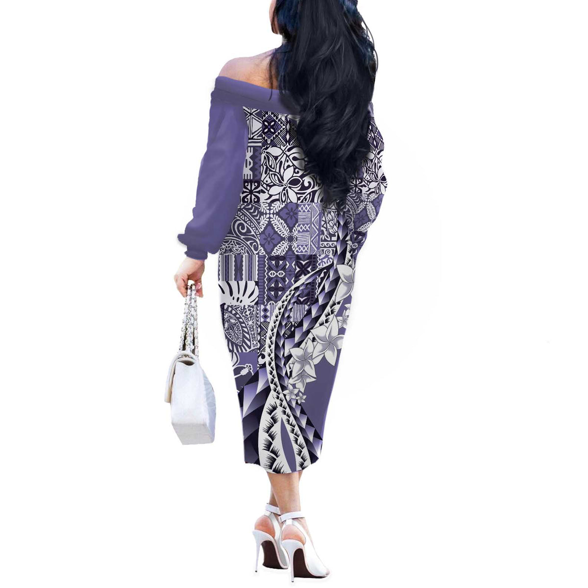 Aloha Vintage Plumeria Hawaiian Tapa Pattern Off The Shoulder Long Sleeve Dress Purple Hawaiian Tapa Pattern - Polynesian Pride