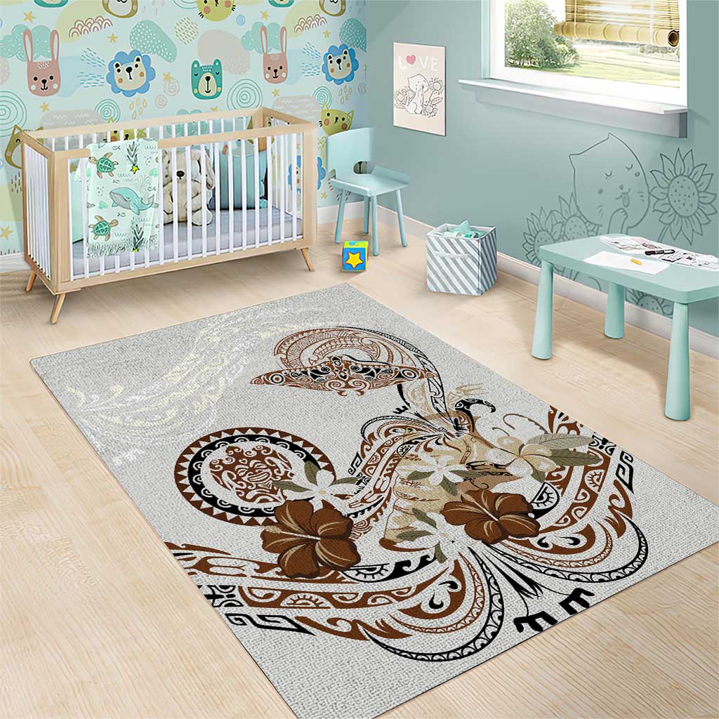 Polynesian Manta Ray Area Rug Beige Floral Turtle Tattoo - Polynesian Pride