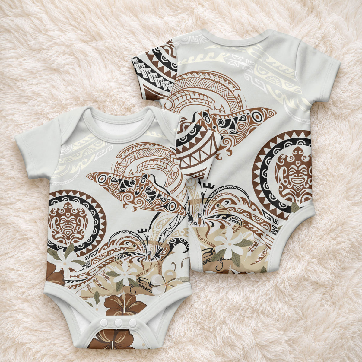 Polynesian Manta Ray Baby Onesie Beige Floral Turtle Tattoo LT9 - Polynesian Pride
