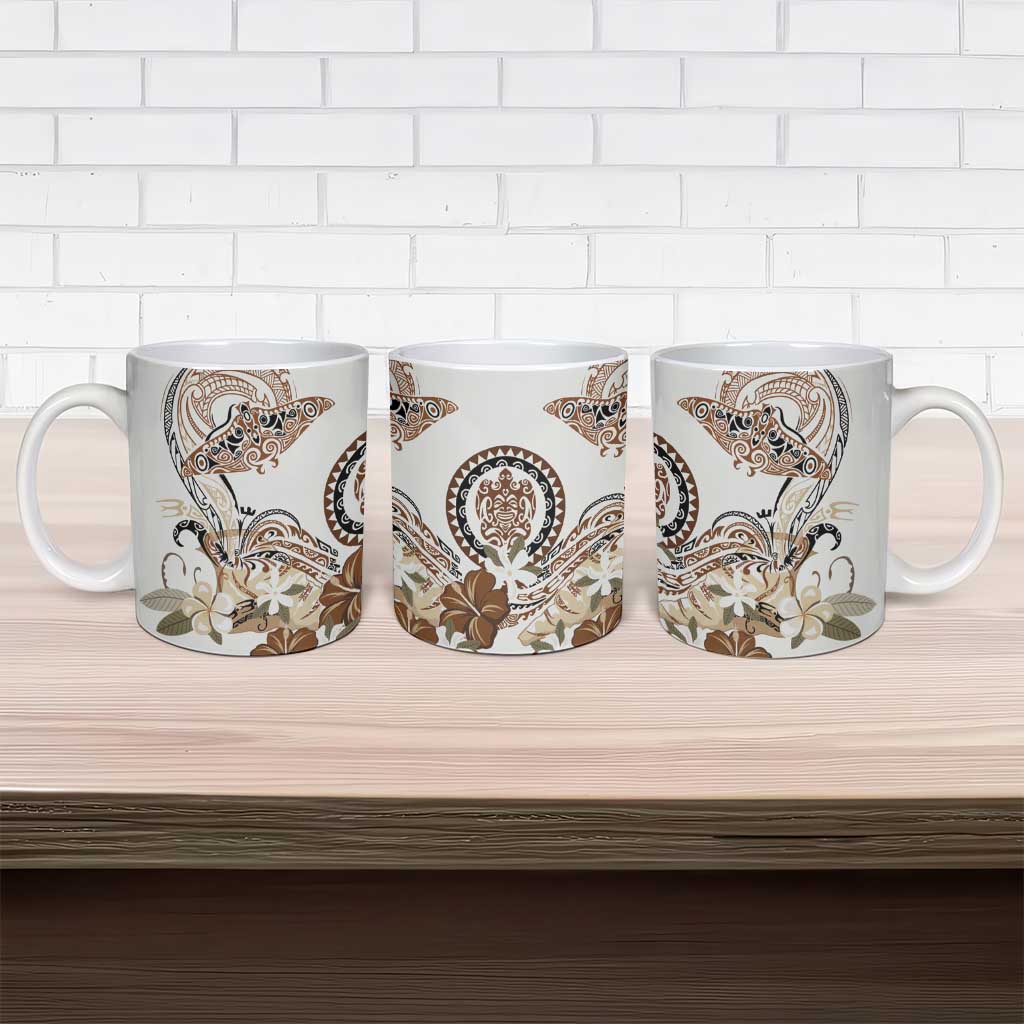 Polynesian Manta Ray Ceramic Mug Beige Floral Turtle Tattoo LT9 - Polynesian Pride