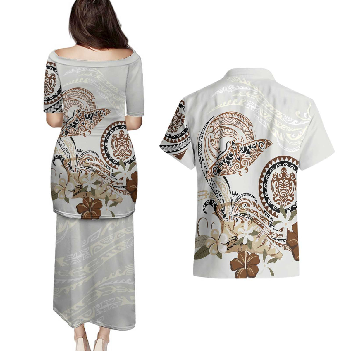 Polynesian Manta Ray Couples Matching Puletasi and Hawaiian Shirt Beige Floral Turtle Tattoo - Polynesian Pride