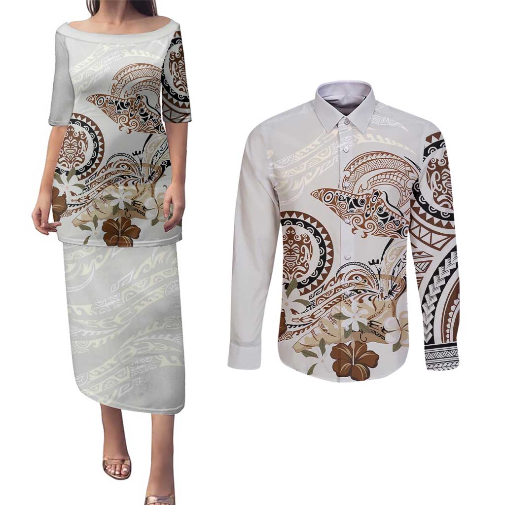 Polynesian Manta Ray Couples Matching Puletasi and Long Sleeve Button Shirt Beige Floral Turtle Tattoo - Polynesian Pride