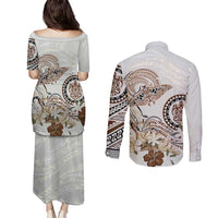 Polynesian Manta Ray Couples Matching Puletasi and Long Sleeve Button Shirt Beige Floral Turtle Tattoo - Polynesian Pride