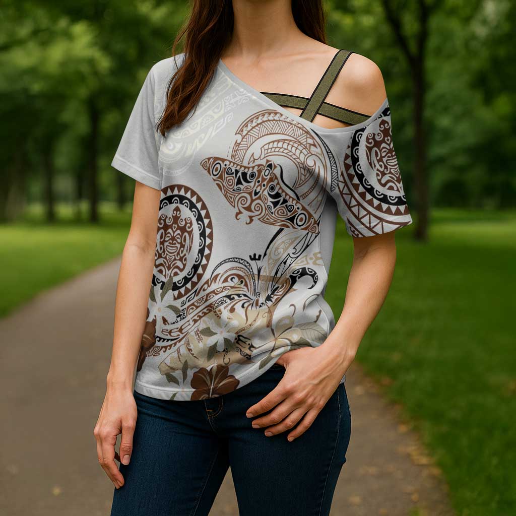 Polynesian Manta Ray Cross Shoulder Shirt Beige Floral Turtle Tattoo - Polynesian Pride